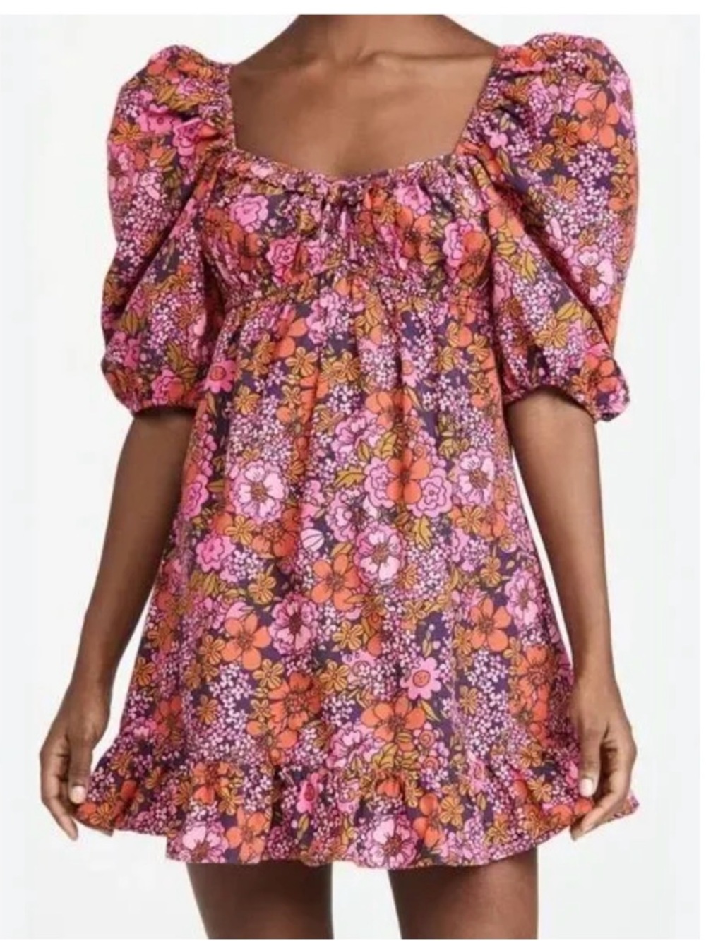 Anthropologie RAHI Floral Puff-Sleeve Mini Dress in Pink & Orange